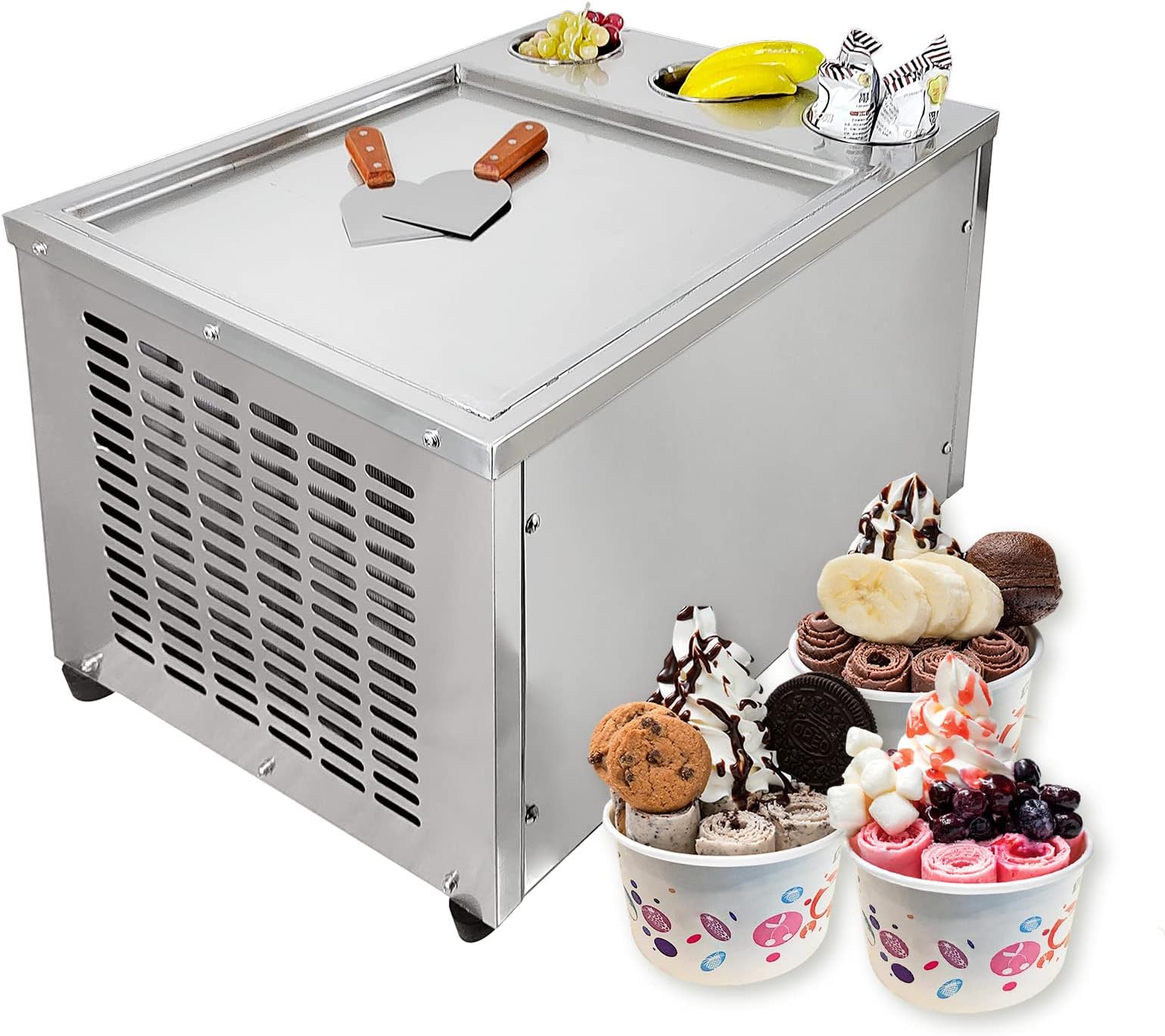Commercial Countertop 18" Square Pan + 3 Tanks Fried Ice Cream Rolled Machine, Fry Frozen Yogurt Ice Cream Machine, Ice Pan Maker for Restaurant, Bar, Food Truck, Milktea Shop