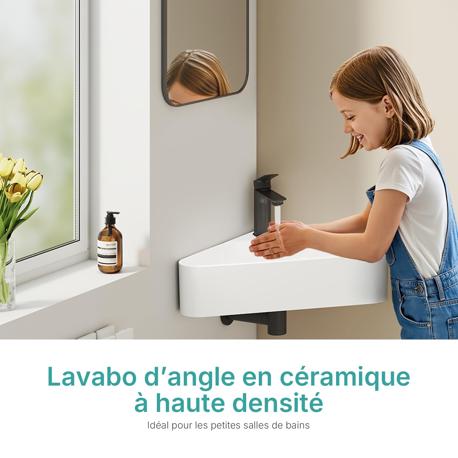EMKE Lave-Mains d'Angle Blanc Brillant, 56 x 34 x 13 cm | Petit Lavabo en Céramique ,Suspenduavec Trop-Plein,Idéal pour WC, Petits Espaces et Salles d'Eau(Robinet et Bonde Non Inclus)