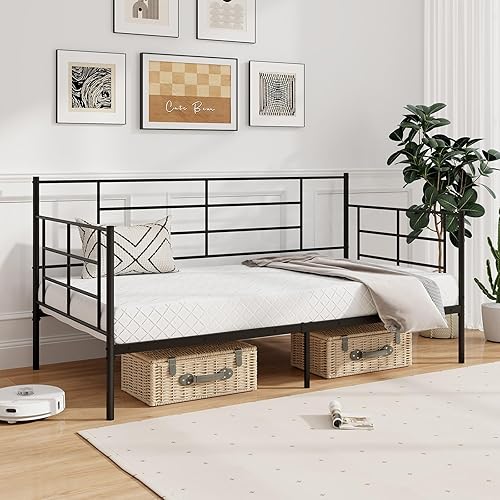 Miniatura 10 de Giantex Marco de cama de metal tamaño individual, cama de día con soporte de listones de metal y barandillas de 3 lados, sofá cama 2 en 1 que ahorra