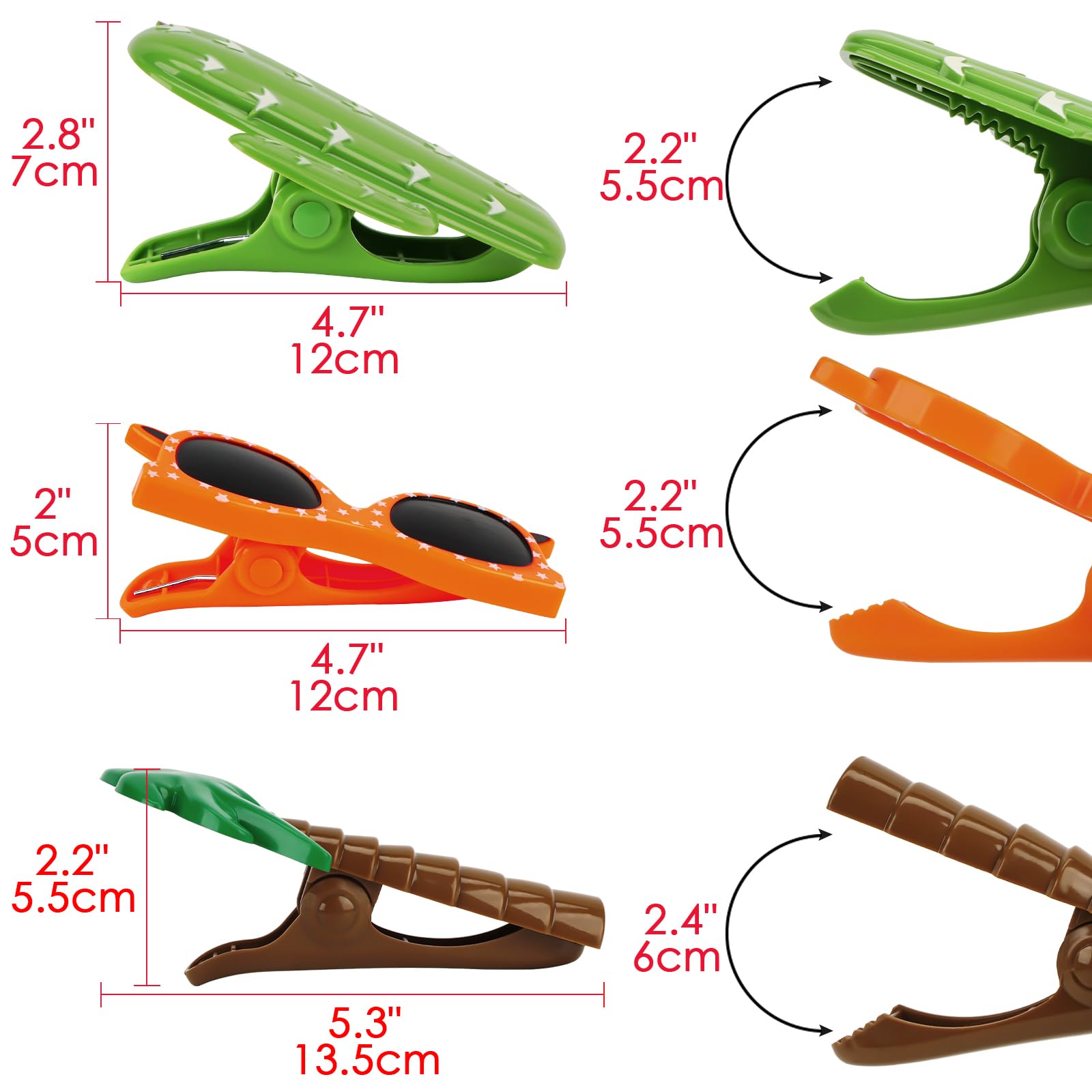 CAIRIAC Sunglasses Beach Towel Clips, Cactus Windproof Plastic Clothespins, Coconut Tree Towel Laundry Clips for Beach Chair Pool Picnic Camping (6 Pcs, Brown, Orange, Green)