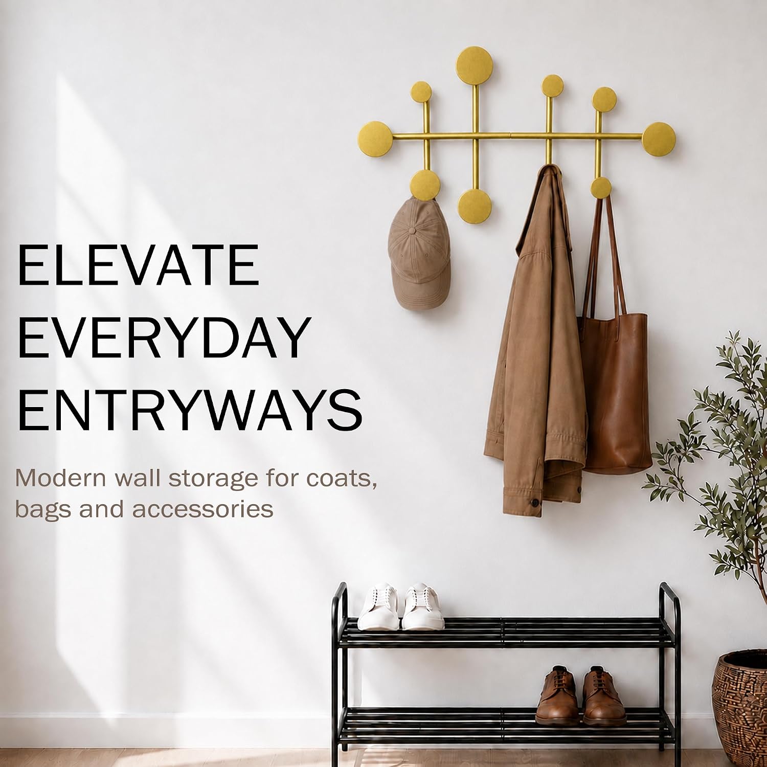 Wall Mounted Coat Rack, Minimalist Metal Coat Hooks for Entryway, Gold