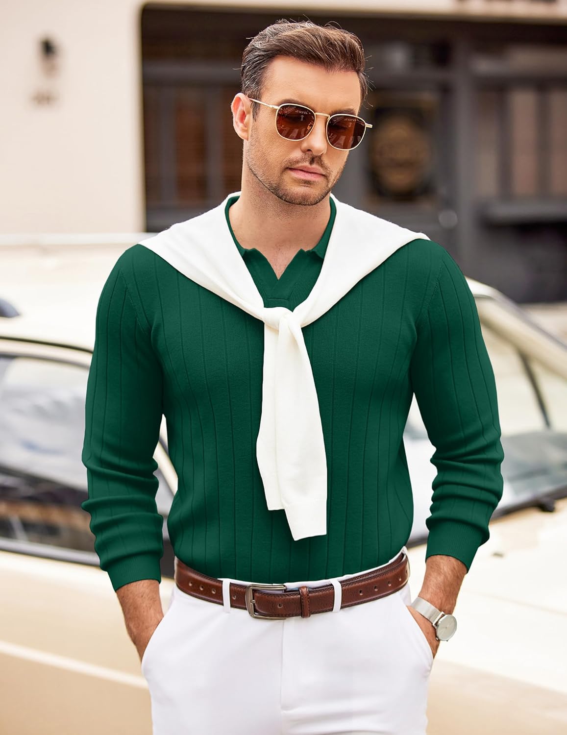 COOFANDY Mens Sweaters Polos Long Sleeve V Neck Knit Polo Lightweight Casual Pullover Sweater - Image 2