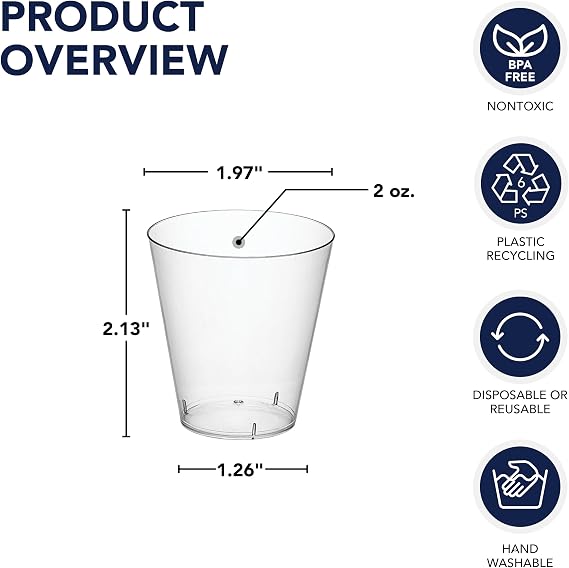 Party Essentials Disposable Hard Plastic Shot Shooter Glasses |Tasting Cups, 100-Count, 2-Ounce Clear