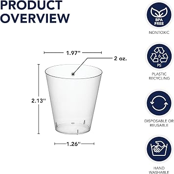 Party Essentials Disposable Hard Plastic Shot Shooter Glasses |Tasting Cups, 100-Count, 2-Ounce Clear