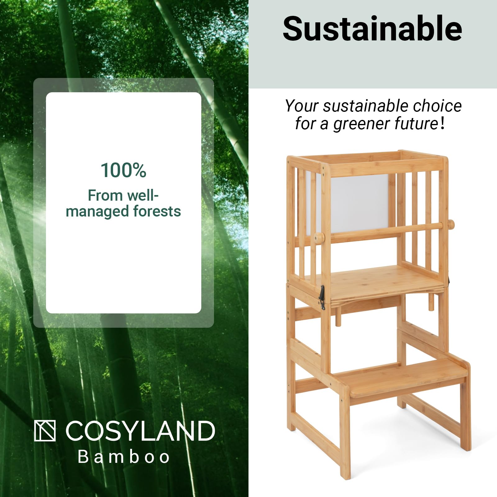 COSYLAND Montessori Lernturm ab 1 Jahr klappbar | 3 in 1 Learning Tower & Lernstuhl Kinder ab 1 Jahr | Klappbarer Montessori Lernturm mit Tafel für Küche, Tisch & Bad, Toddler Tower