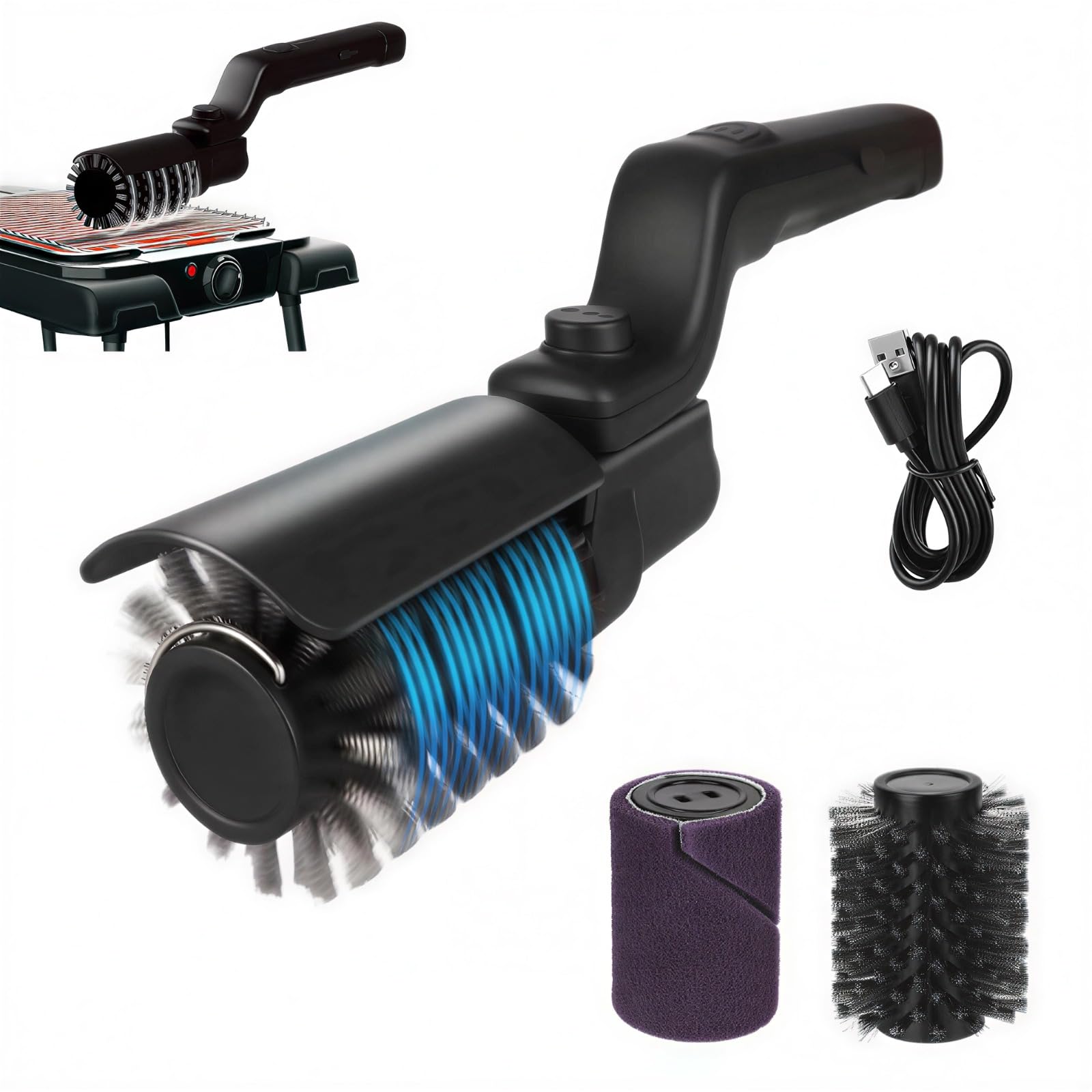 Electric Grill Brush, Cordless Rechargeable Grill Cleaning Brush with Adjustable Angle, Stainless Steel Brush Head, 3-Speed Power, 90-Min Runtime, Waterproof Grill Cleaner for Barbecue Grates