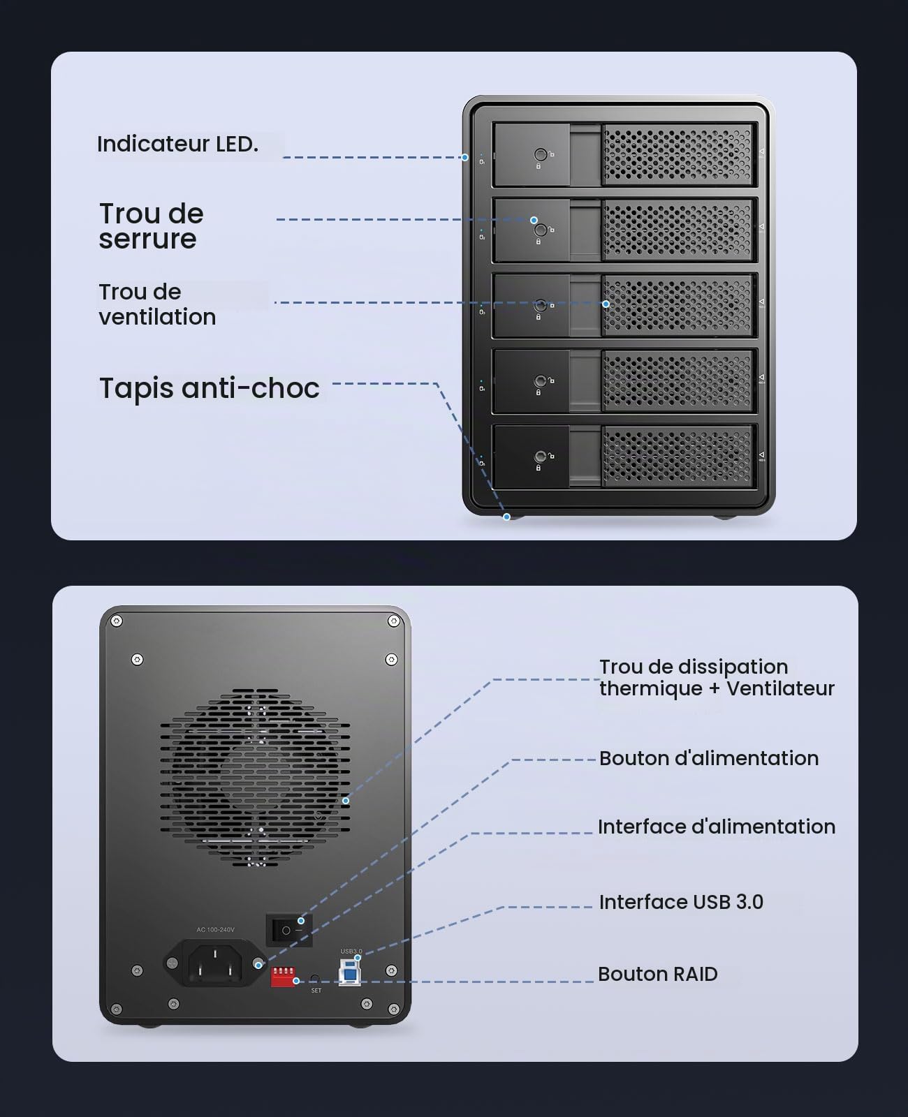 ORICO Boîtier Externe de 5 Disque Dur, USB 3.0 a SATA Raid Aluminium Boîtier Disque Dur pour HDDs et SSDs 3,5 Pouces, Prend en Charge Raid 0/1/5/10, 5x16TB(9558RU3)
