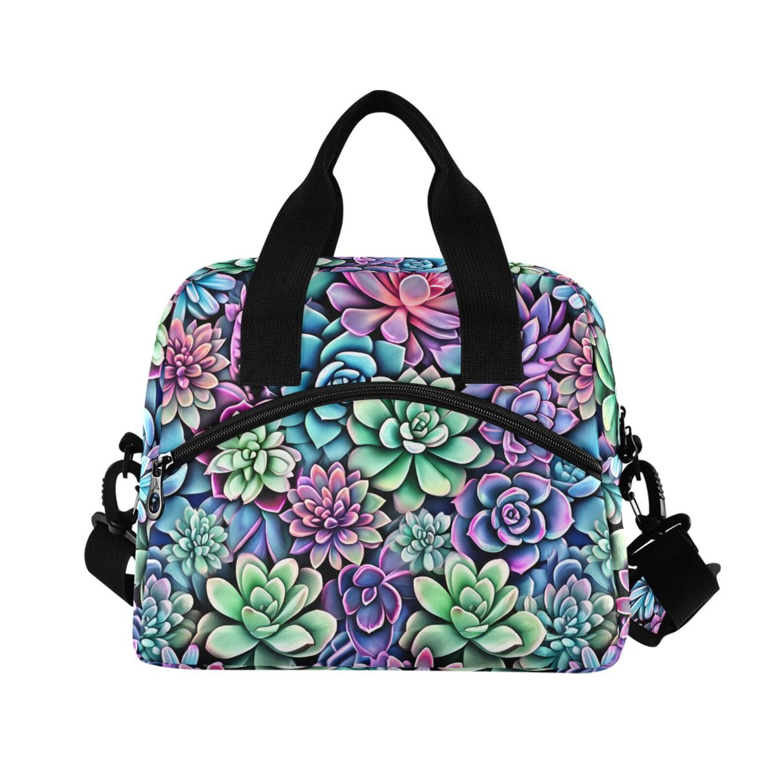 Insulated Lunch Bag Reusable Cooler Plant Dark Teal Lunch Box Adjustable Shoulder Strap for Picnic Office School