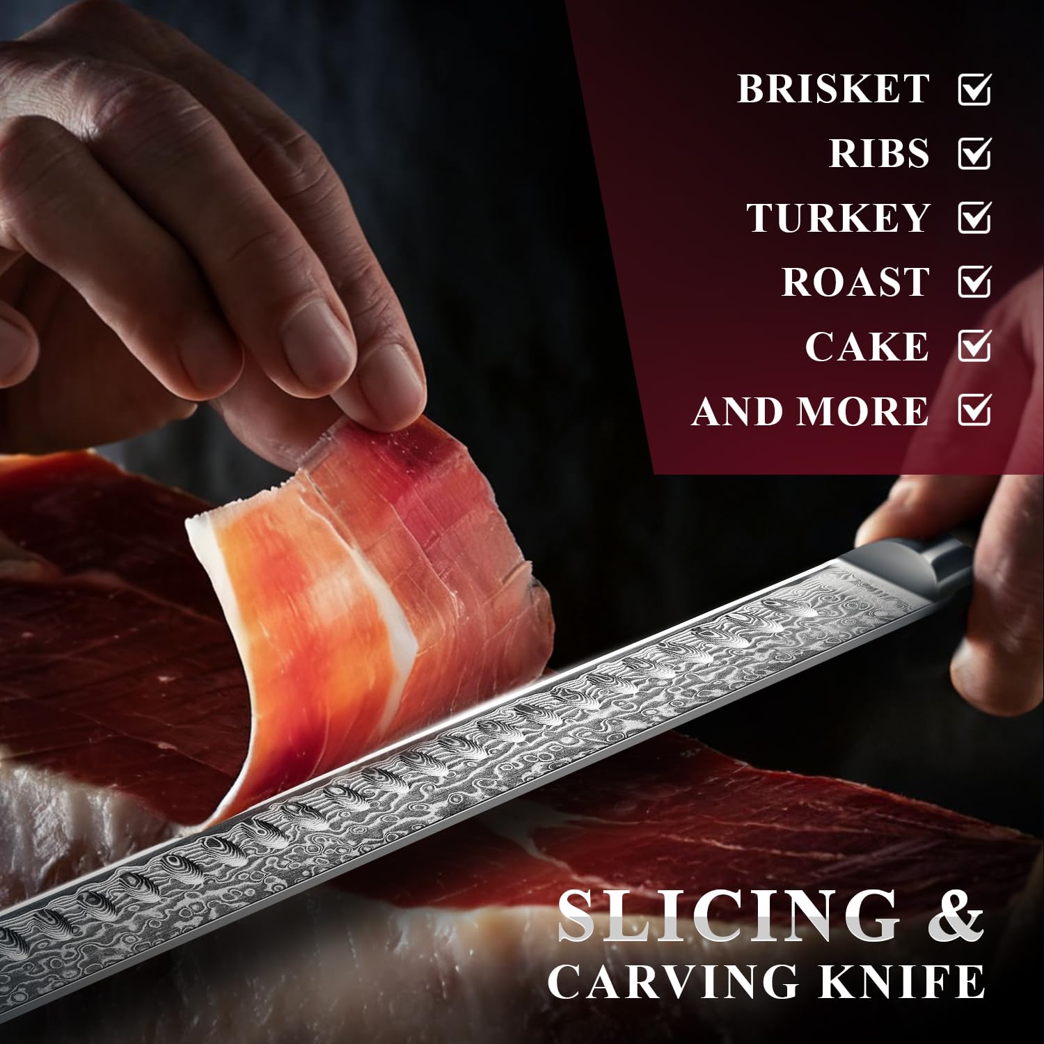 Emojoy Damascus Brisket Slicing Knife, 12" Carving Knife with Japanese Steel, Olive Wood Handle, Luxury Wooden Gift Box, Razor Sharp for Meat & Turkey — Amazon image 5