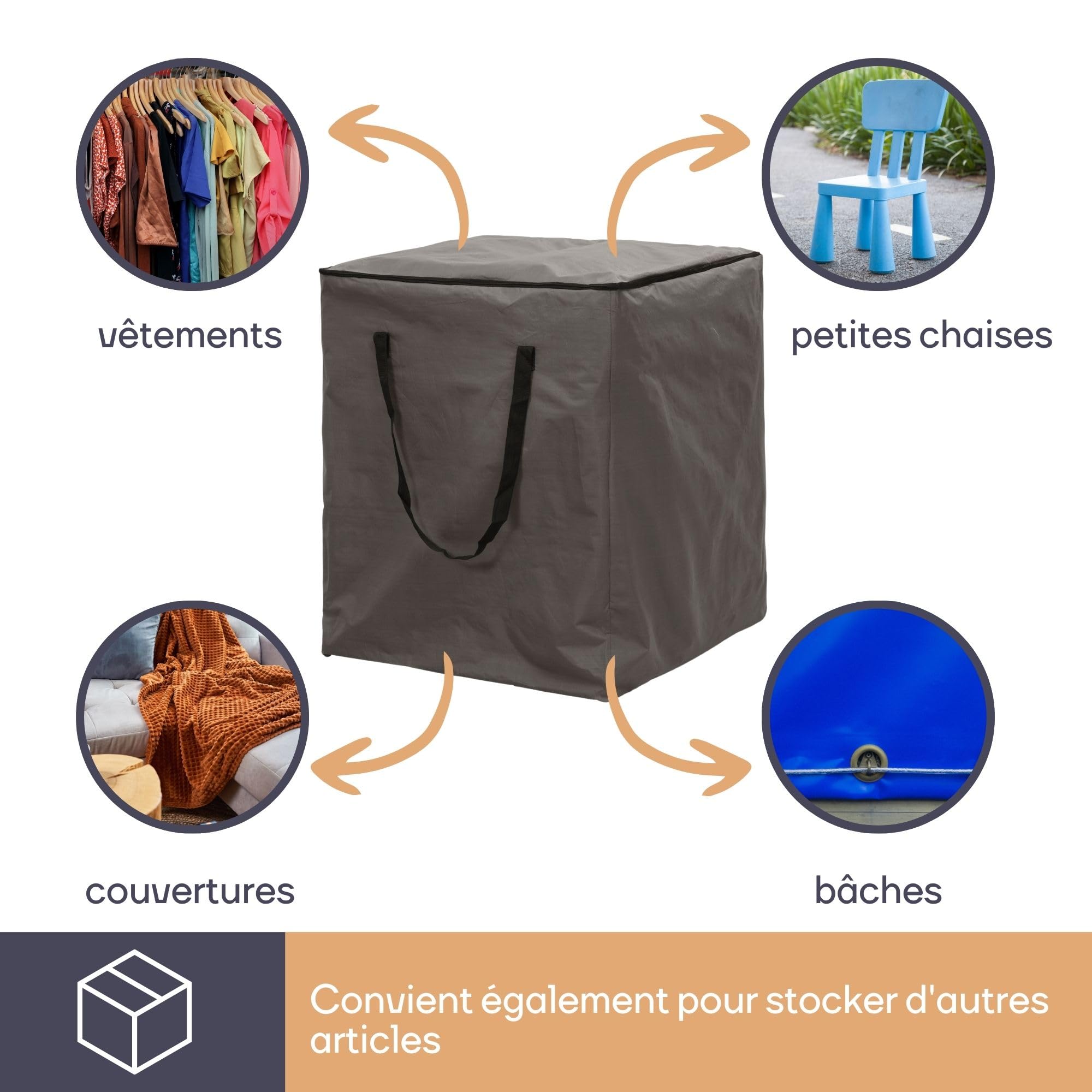 Perel Housse de rangement pour coussins 75 x 75 x 90 cm, sac déperlant pour coussins d’extérieur, housse anti-UV avec poignées pour coussins de jardin et lounge