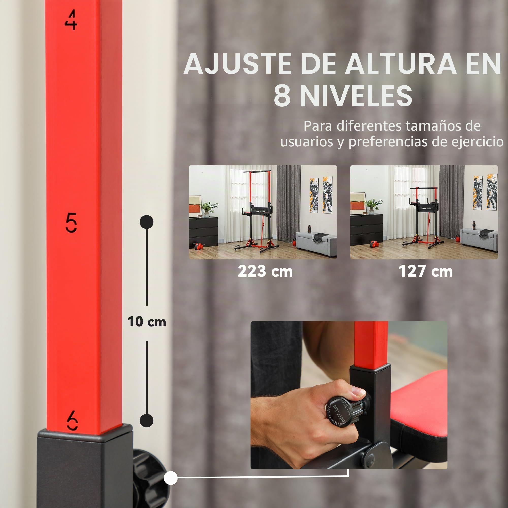 SPORTNOW Barra de dominadas, silla romana, gimnasio en casa, plegable, altura regulable 127 - 223 cm, acero, negro y rojo