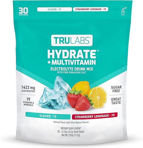 TRULABS Hydrate + Multivitamin 30ct  2 sabores  Glacier & Strawberry Lemonade. Paquetes de hidratación de electrolitos sin azúcar. Cada porción