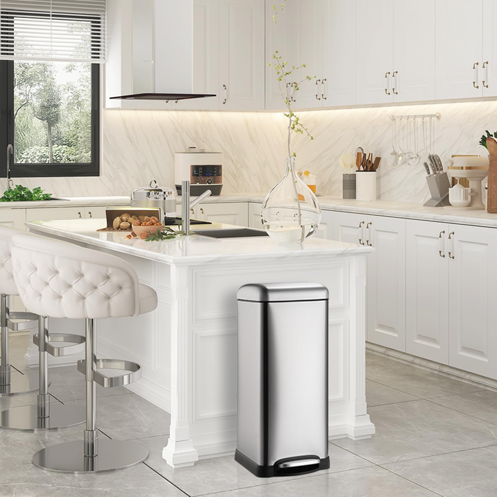 8 Gallon 30L Trash Can With Hinged Lid And Removable Inner Bucket Stainless Steel Kitchen Trash Can Silent Garbage Can Touch Free Pedal Rubbish Bin Waste Bin