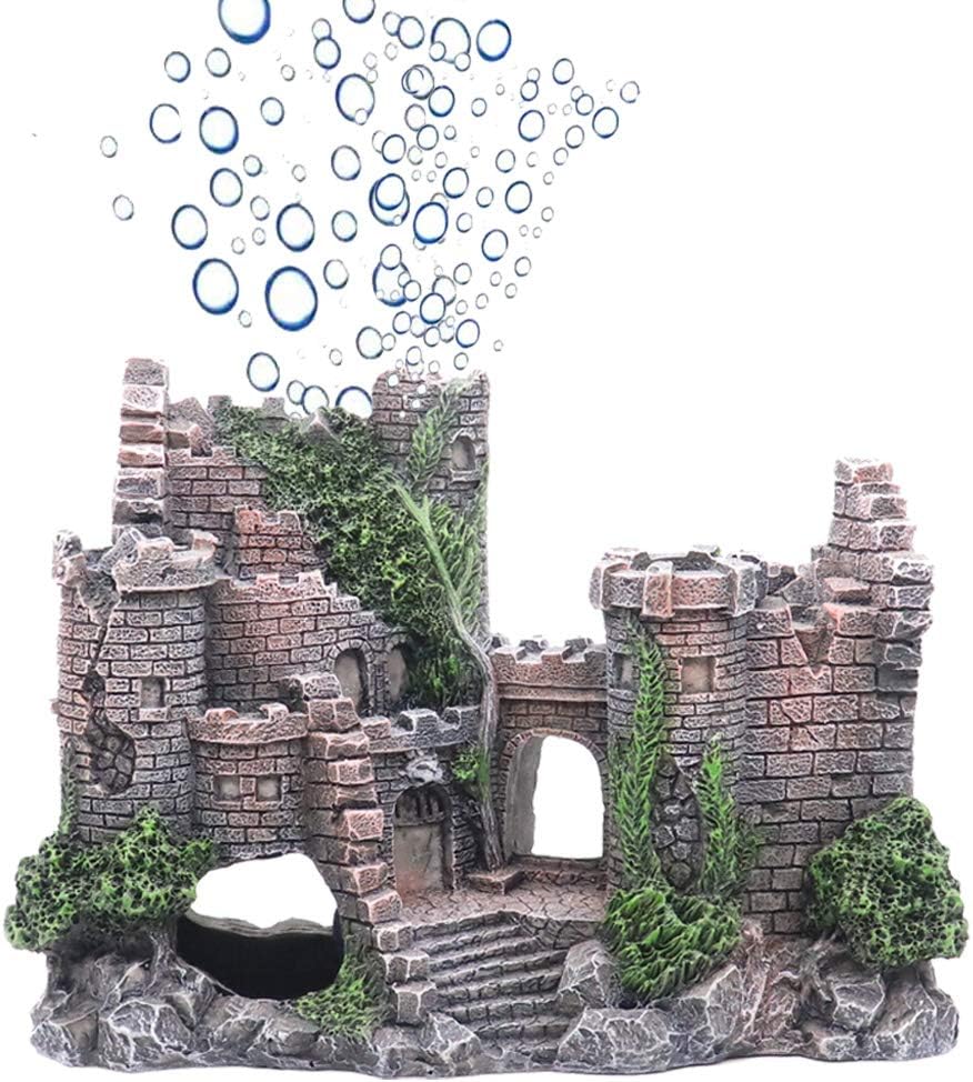 Ulifery Castle Ruins Aquarium Decorations Moss Fish Tank Ornaments with Bubbler for Betta Hideout