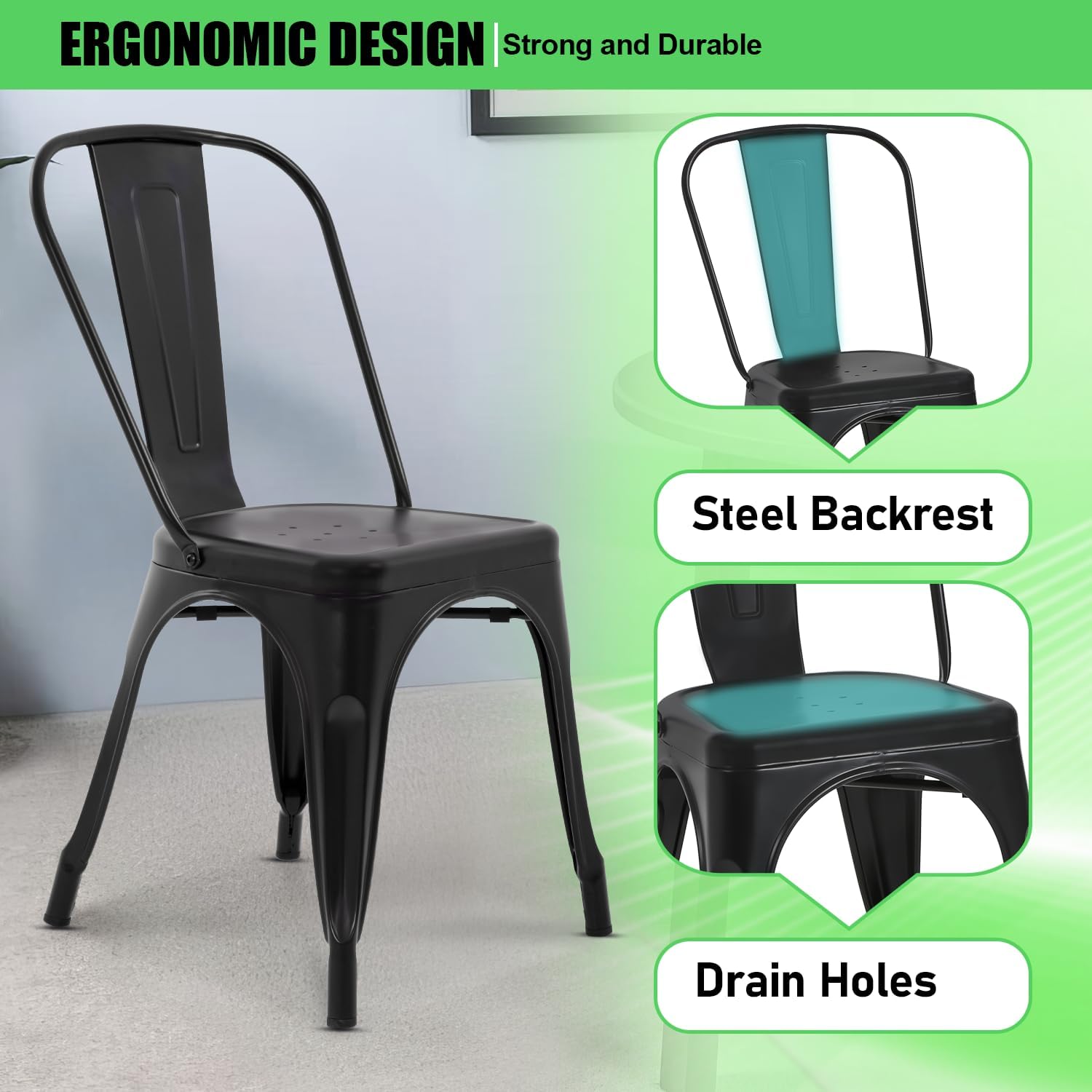 Dopinmin Modern Black Metal Dining Chairs Set of 4, Stackable, Indoor/Outdoor Patio Chairs, 18' Seat Height