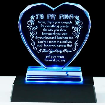 YWHL Glass Keepsake - Heart-Shaped Mom Gifts From Daughter or Son - Engraved Quote - LED Light Base - 4.7" x 4.2" x 1.4"