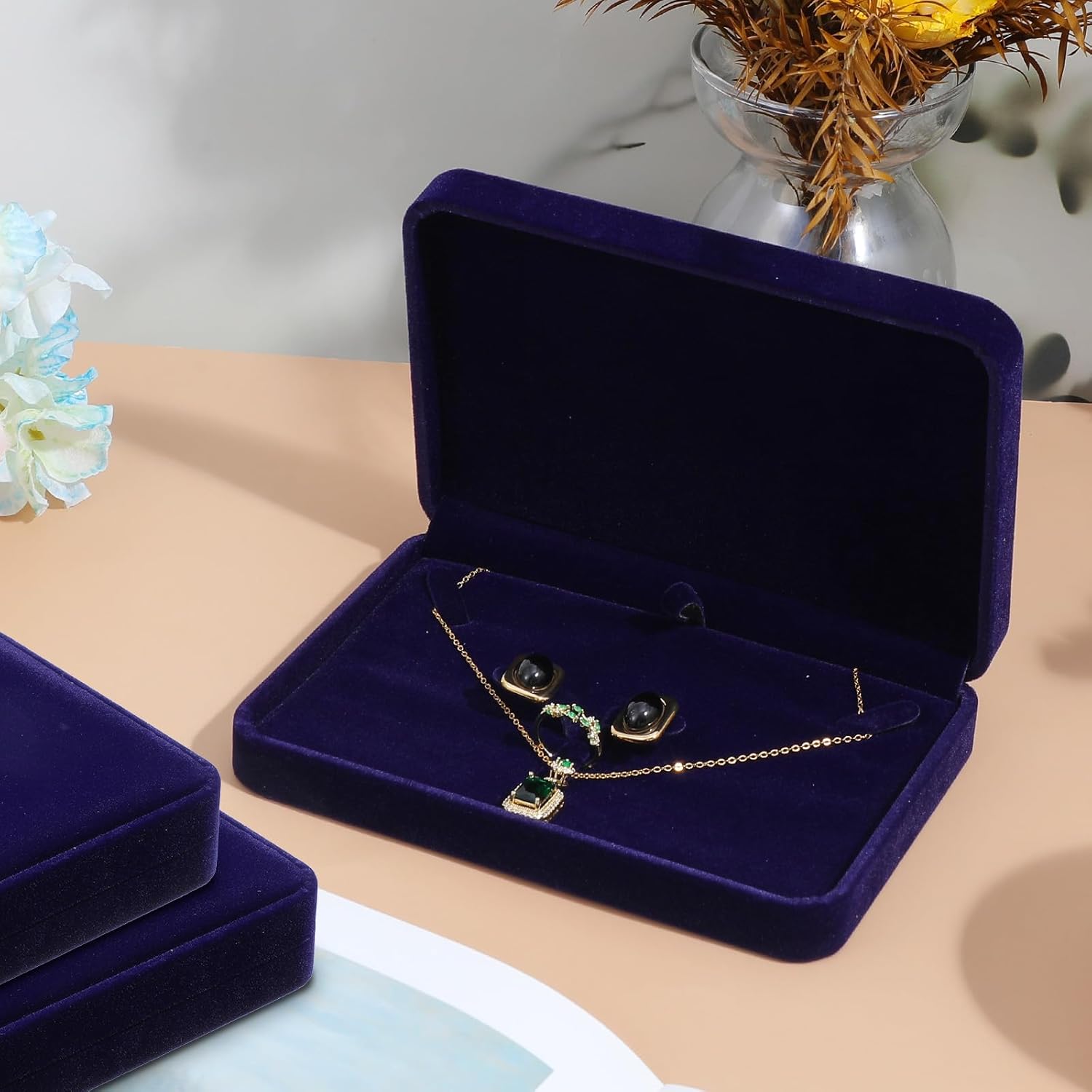 6Pcs jewelry gift boxes Velvet jewelry set boxes bulk for women Bule Necklace gift box Ring Earrings Pendant large gifts box Flannel Jewely case for Traveling Wedding Engagement Birthday
