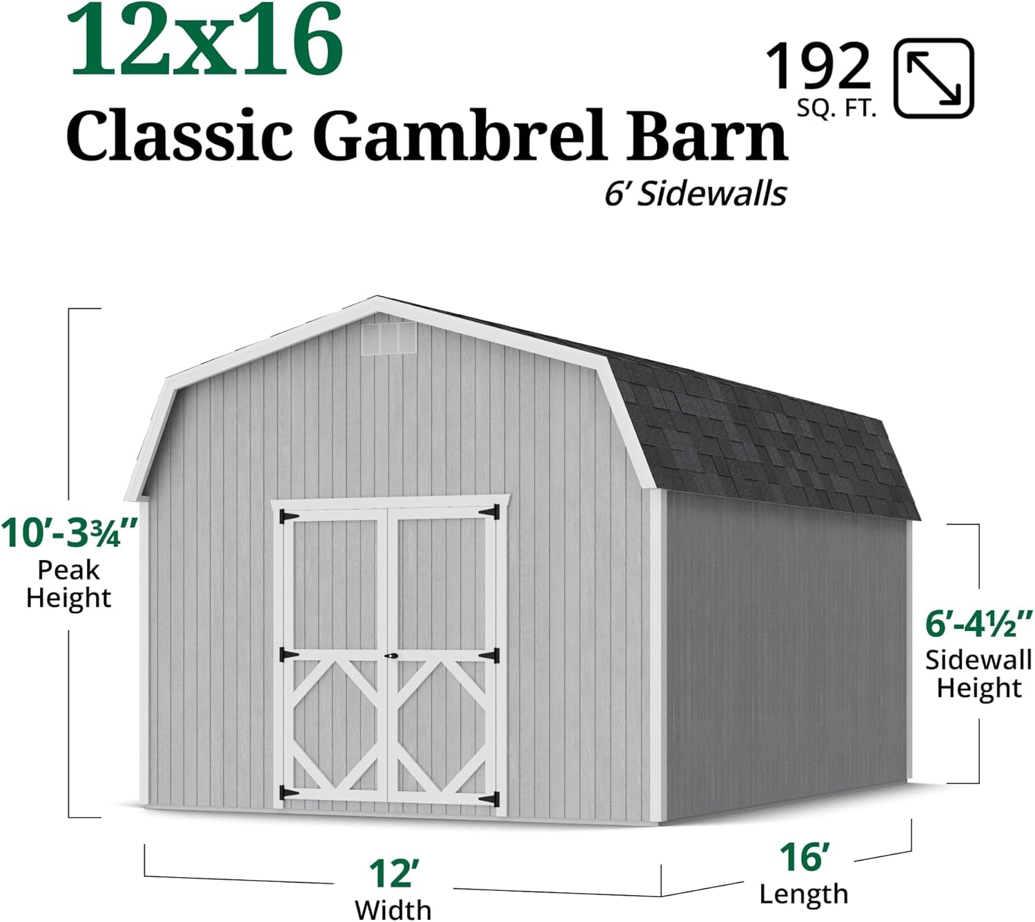 Diagram showing shed dimensions: 12 ft width, 16 ft length, 6 ft 4.5 inches sidewall height, 10 ft 3.75 inches peak height