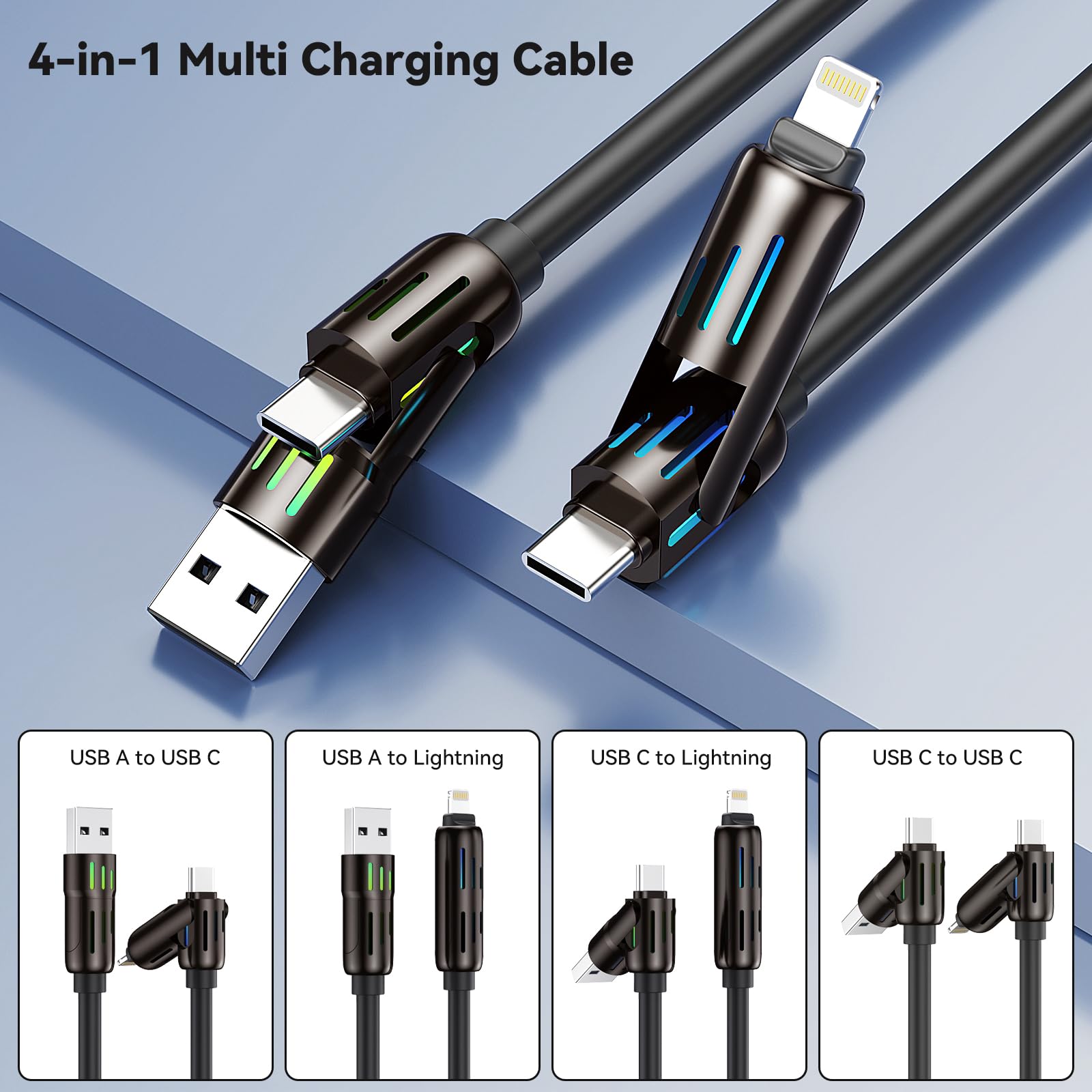 Cavo Multi Ricarica 4 In 1 240W (1,2m) Con LED RGB, Da USB-A/USB-C A Lightning/USB-C, Nero