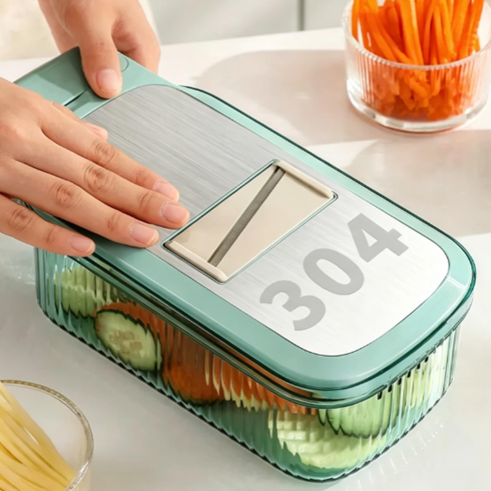 Cortador de Verdura Manual, Mandolina de Cocina Multifuncional, con Recipiente Y Protector Manos, 5 Cuchillas Reemplazables, para Cebolla, Patata, Zanahoria, Utensilio Cocina