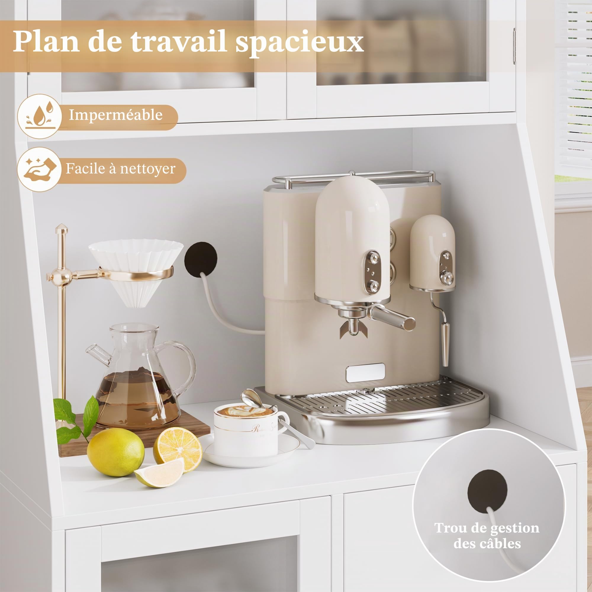 HOCSOK 163cm Armoire de Cuisine, Buffet Cuisine avec 3 Portes et 4 Tiroirs, Armoire Haute pour Salon, Salle à Manger, Bar, Style Moderne, Blanc