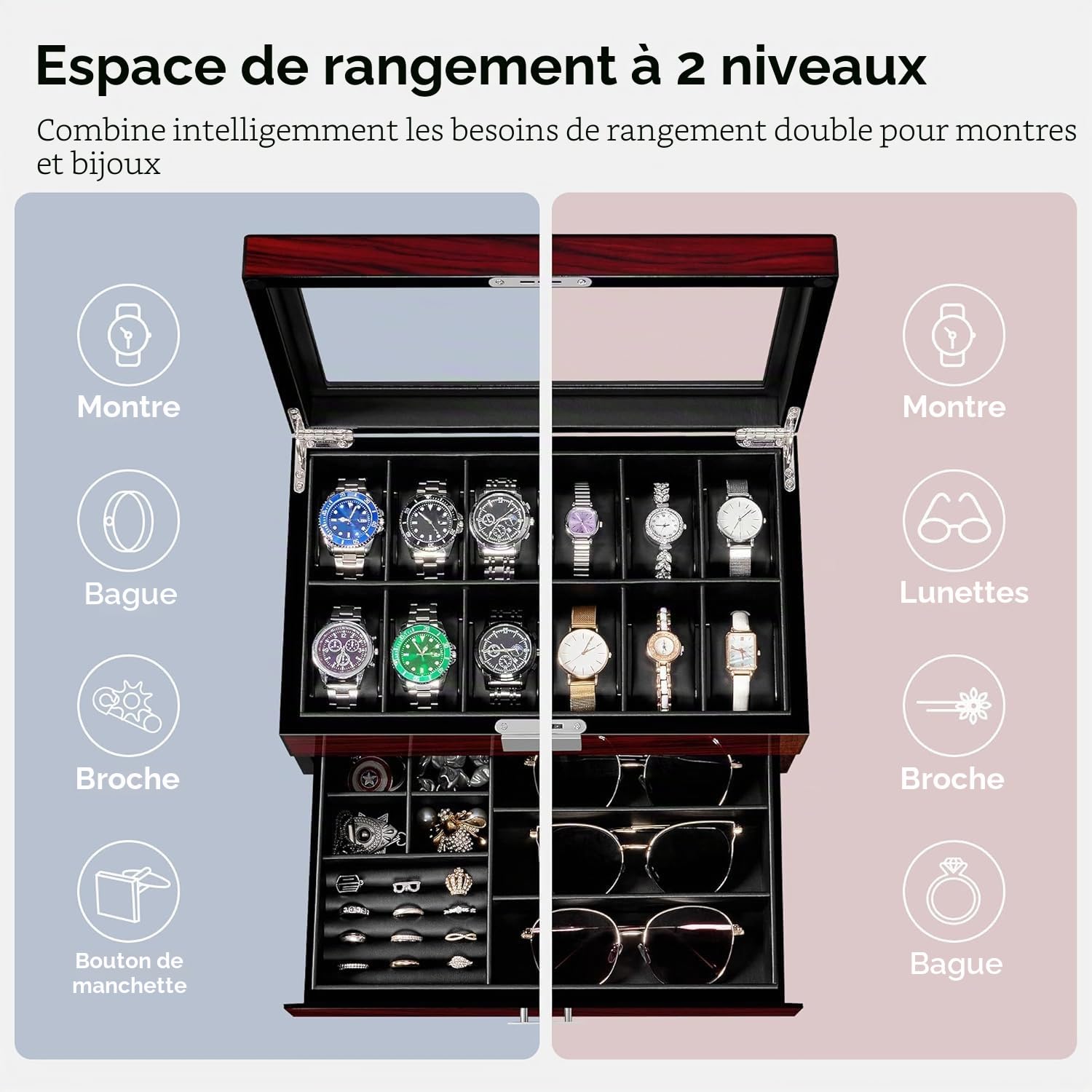 ANWBROAD Boîte à montres à 12 emplacements pour homme avec grand couvercle en verre à 2 niveaux - Organiseur de montre verrouillable - Support de montre luxueux JWB003Y