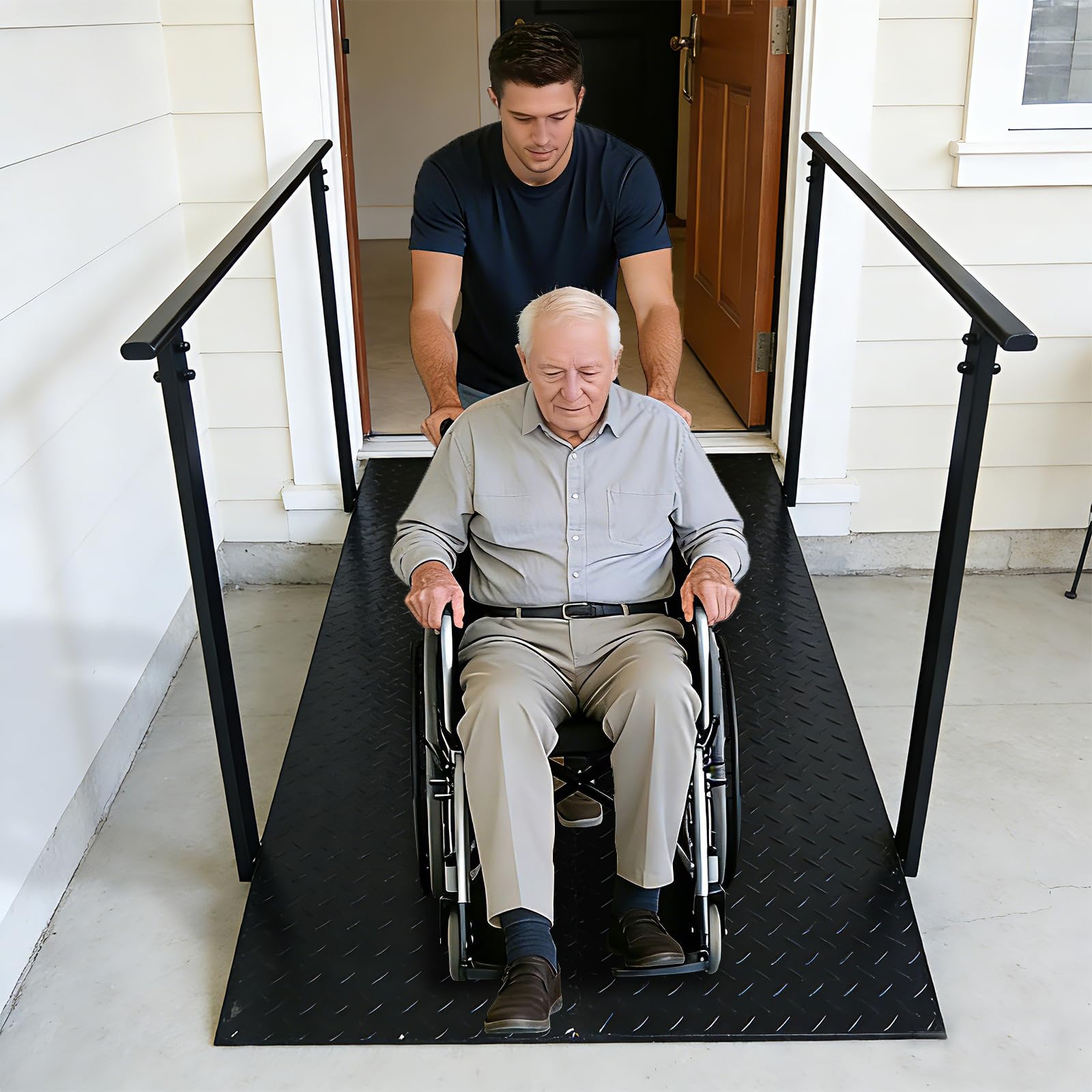 150cm Rampa per Sedia a Rotelle con Corrimano, 454kg Portata Rampa Disabili, 80cm Extra Larga Rampe Antiscivolo per Gradini, Scale, Soglie e Porte (Nero, 150CM)