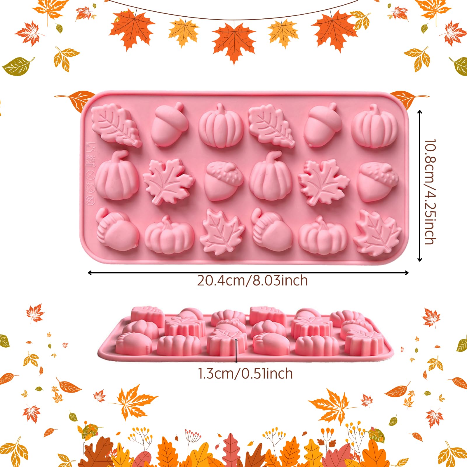PTaizjjz Fall Silicone Chocolate Mould,1 Pack 18-Cavity Maple Leaves,Pumpkin,Acorn Shape Candy Baking Mold for Autumn Thanksgiving Halloween DIY Baking Tools - Image 2