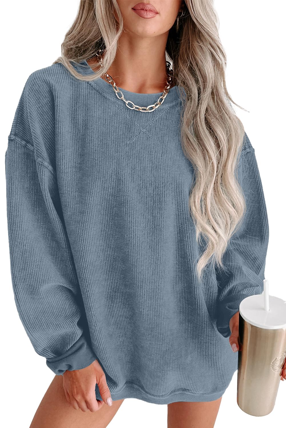 QIXING Damen Sweatshirt Oversize Pullover Rundhals Baumwollpullover Langarm Cordpullover Tops Herbst Mode Outfits 2025