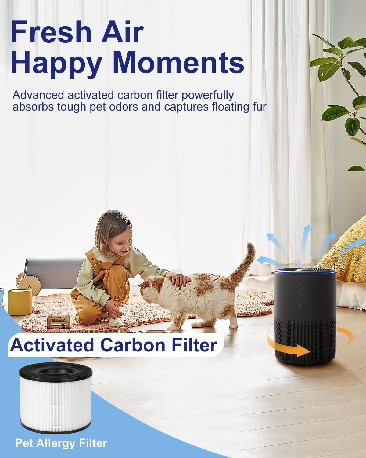 Air Purifiers for Home Large Room up to 1274-ft², Pet Hair Allergy, HEPA 3-in-1 air purifier, Low Power High Torque Motor, Sleep Mode, Removes Smoke, and Odor Pollutants. Airfresh-300（Black）