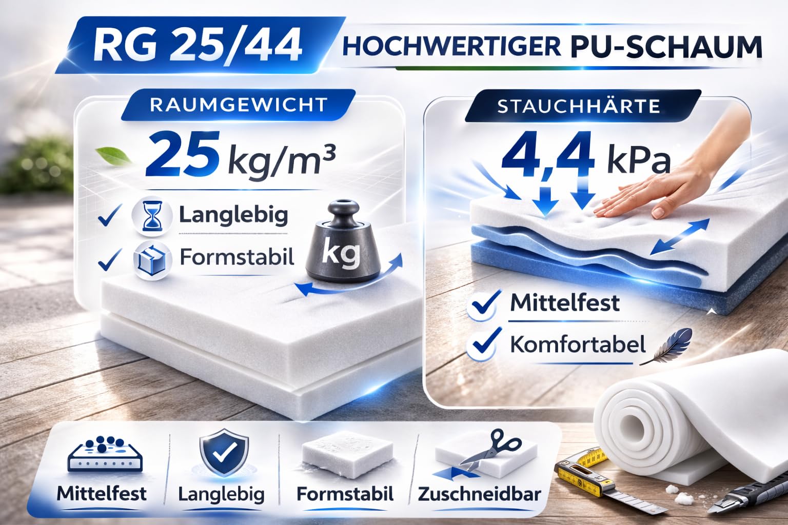 All4All Schaumstoffplatte RG25/44 90x200 cm – Mittelfest - Polsterschaum – Zuschnitt für Matratze, PU-Schaumstoff - Polster & Wohnmobil - Camper & DIY (90x200x10cm)