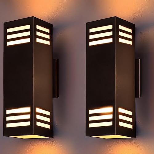 wowlite Paquete de 2 luces de pared para exteriores, del atardecer al amanecer, modernas luces de porche cuadradas para exteriores, luces de bronce