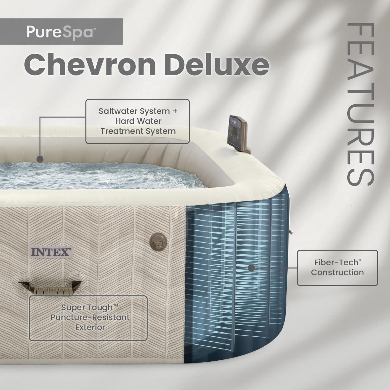 INTEX 28445EH Vasca idromassaggio Portatile Portatile Gonfiabile per 4 Persone PureSpa Deluxe Chevron Deluxe, Include Copertura per Spa a efficienza energetica, App di Controllo Spa, Sistema di Acqua