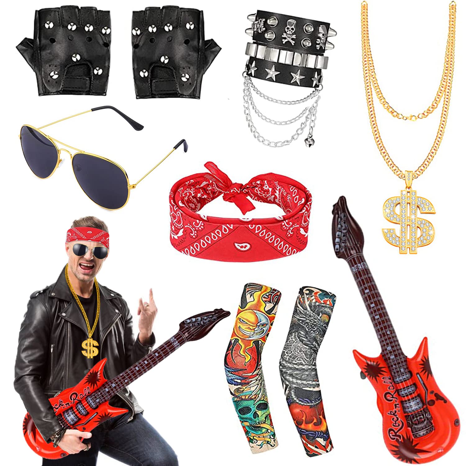 80s 90s Gothic Rocker Kit Men, Punk Costume Accessories - Sunglasses | gold chains | Headband | tattoo sleeve | Punk Gloves | Inflatable Guitar | PU leather wristband for hip hop disco
