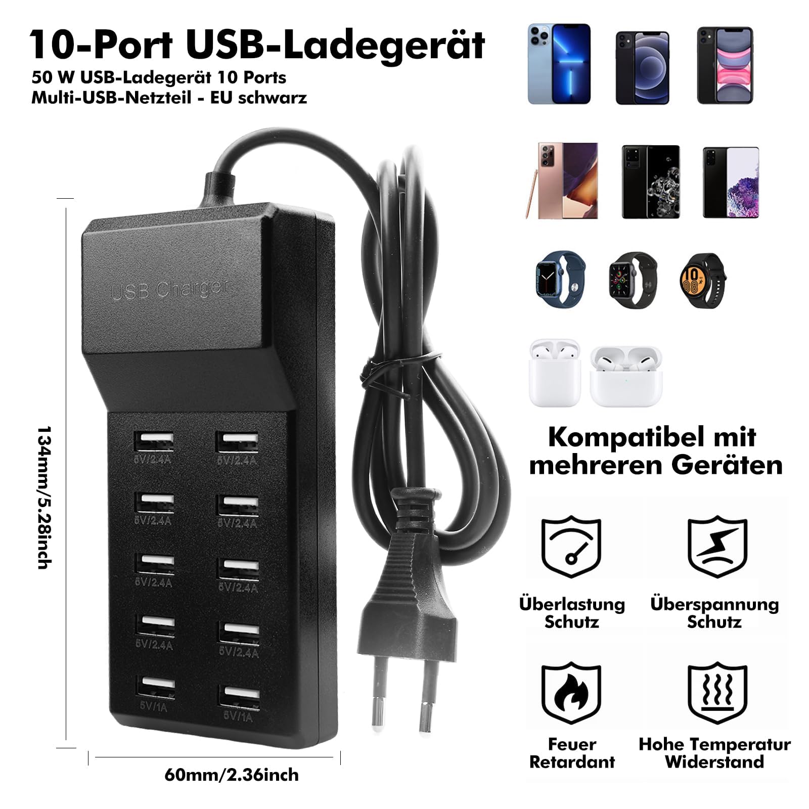 USB Charger 10 Ports 50 W, Multiple USB Hub Charging Dock, Multi-Socket Adapter Compatible with iPhone Samsung iPad Xiaomi Huawei Tablet — Amazon image 2