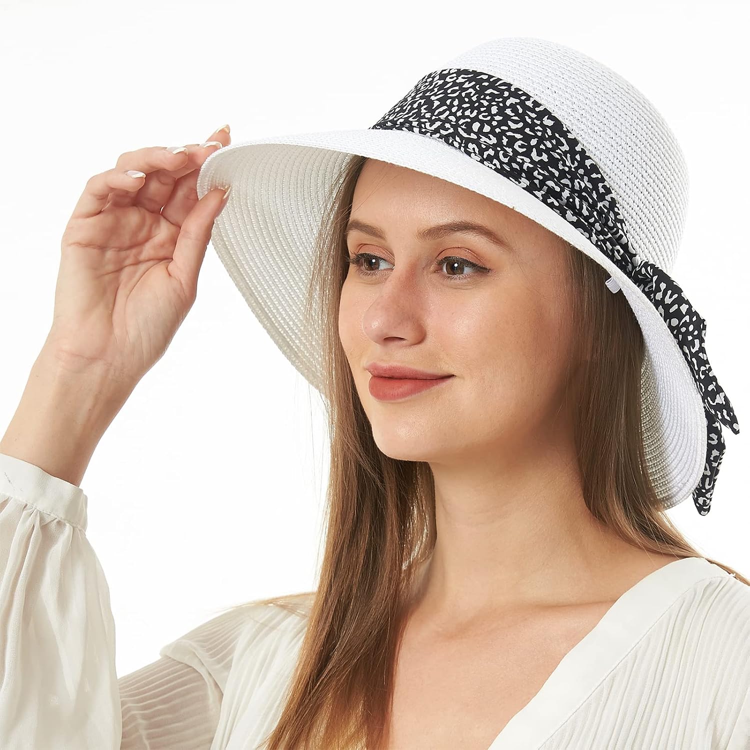 Womens Straw Sun Hat Summer Beach Wide Brim UV Protection Hats with Chin Strap Floppy Foldable Cute Bowknot UPF 50 Cap