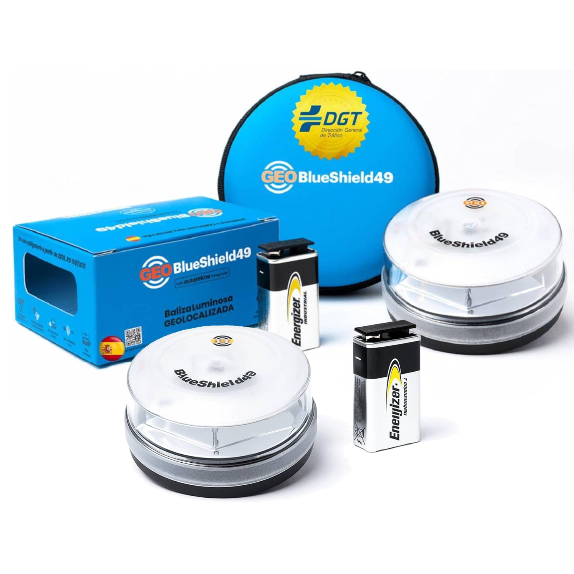 Garza GeoBlueShield49/Garza 2 Luces de Emergencia para Coches Homologada DGT v16 3.0 y Estuche I BaterÃa Energizer 9V I Obligatoria en 2026 I Conectividad IoT hasta 2038 I En Colaboración, 2 Balizas