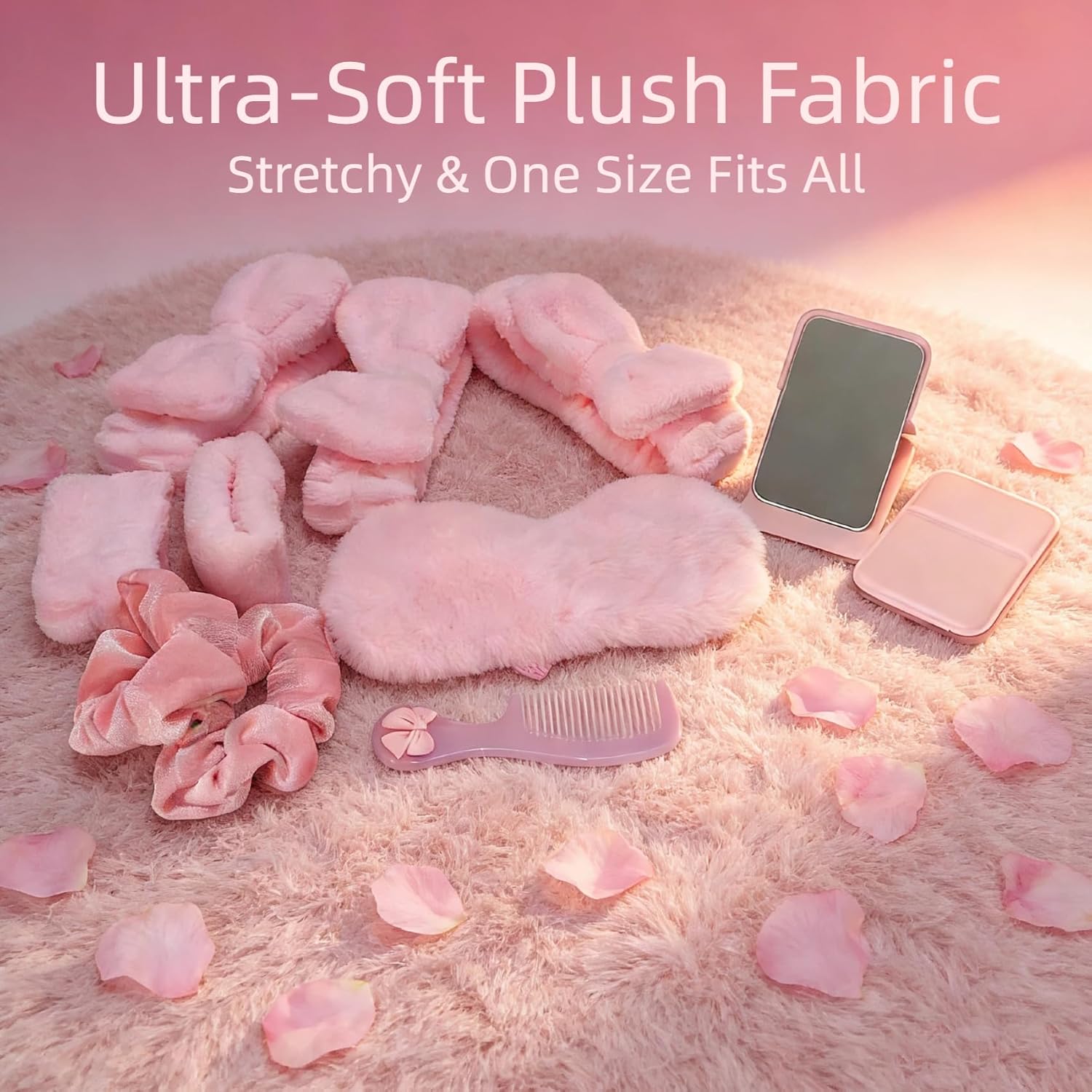 108 PCS Pink Spa Party Favors for Women Sleepover Party Supplies 12 Set, Plush Eye Mask Bow Headband Scrunchies Wristband Mirror Comb Gift Bag for Galentine’s Valentine’s Day Slumber Party