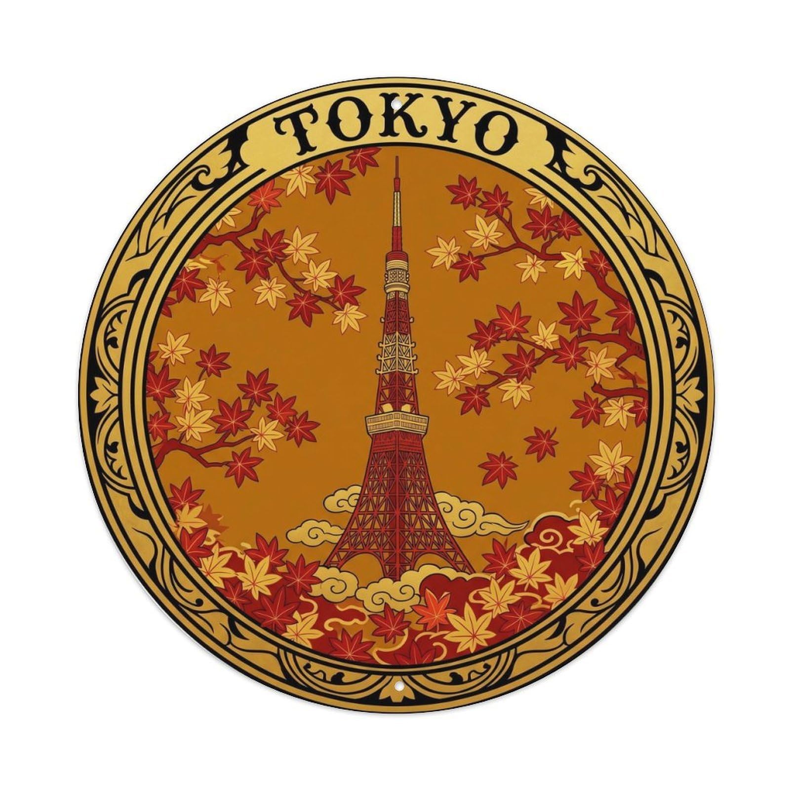 Olyhtr 8X8inch Classic Style Tokyo Tower Autumn Leaves Rinpa Crimson Amber Red Japan Metal Tin Sign