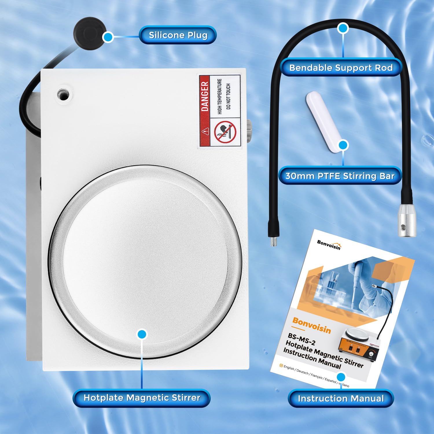 Bonvoisin Agitatore Magnetico con Piastra Riscaldante, Mixer da Laboratorio da 2L 0-2600rpm 100℃ con Asta di Supporto Sensori Flessibile, 120 * 120mm 180W Potenza di Riscaldamento (EU)