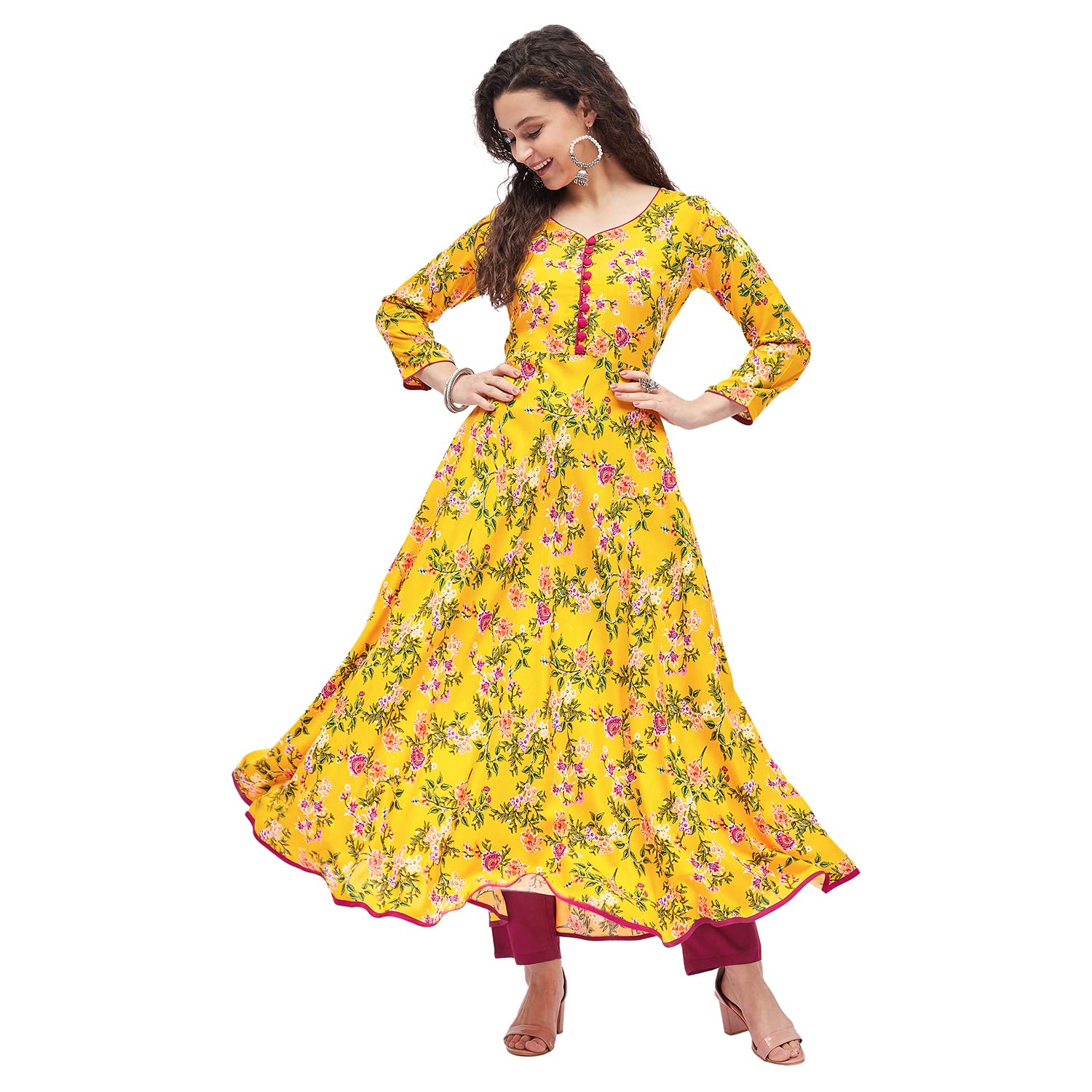 Tissu Women's Rayon Yellow & Rani Floral Printed A-Line Kurta 2211_Yellow_8Xl