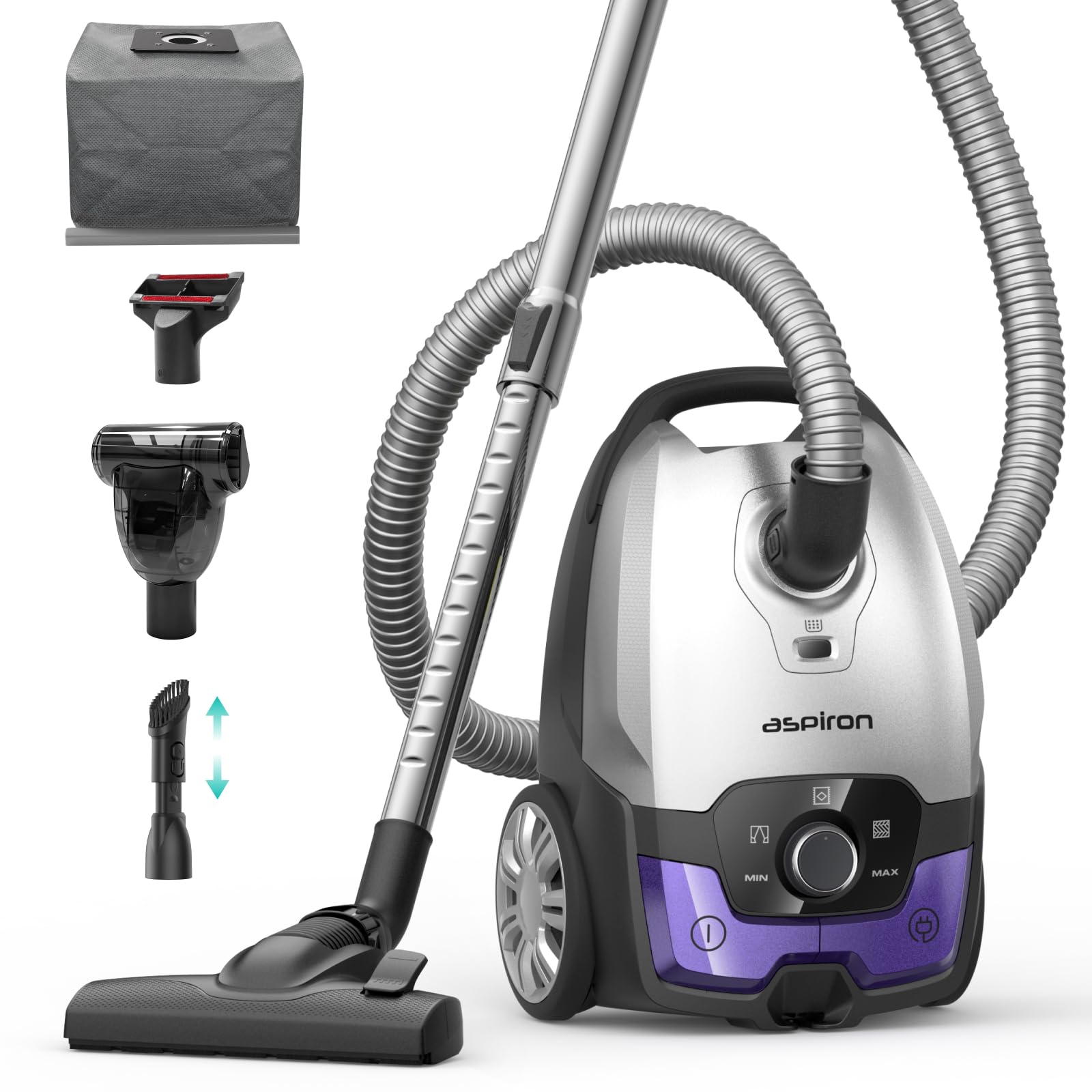 Canister Vacuum,1700W/45KPA Bagged Vacuum Cleaner,6QT Large Capacity,Auto Cord Rewind,HEPA Filter,Low Noise,8M Cleaning Radius,Variable Power Control,Easy to Push,Hard Floor,Pet,Carpet,Upholstery,Car