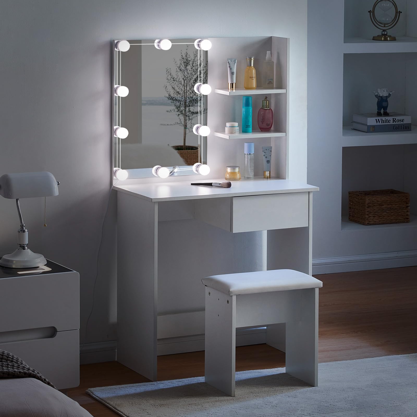CLIPOP Tavolo Da Toeletta Con Specchio Illuminato A LED, 3 Colori E Luminosità Regolabile, Con 2 Cassetti E Sgabello Imbottito, Bianco, 80x40x140 Cm