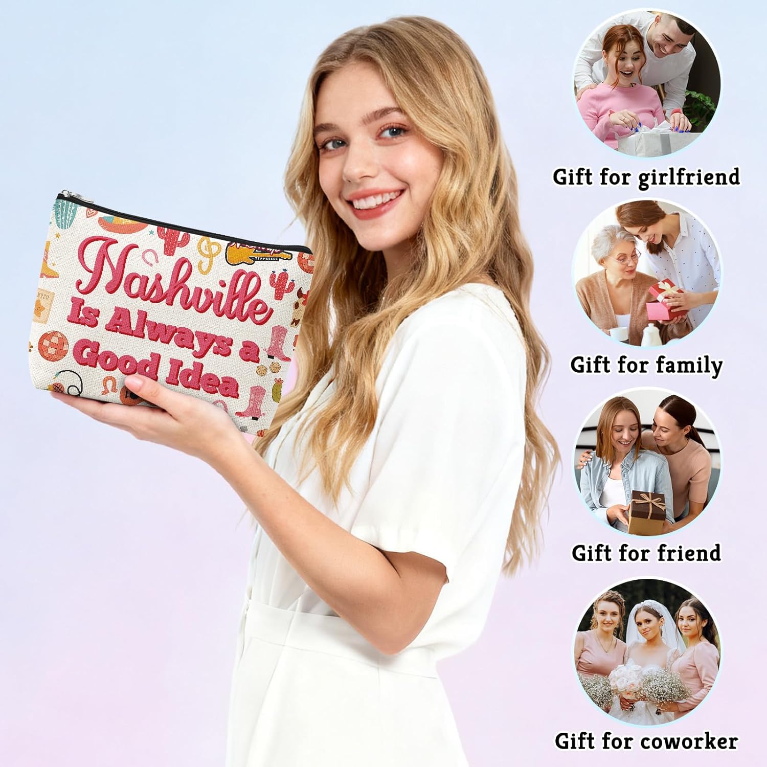 Cowgirl Gifts Nashville Trip Makeup Bag Western Cowgirl Gifts Vacation Present for Friends Coworker Nashville Lover Gift Cosmetic Bag Christmas Birthday Weekend Trip Present Zipper Travel Pouch - Image 7