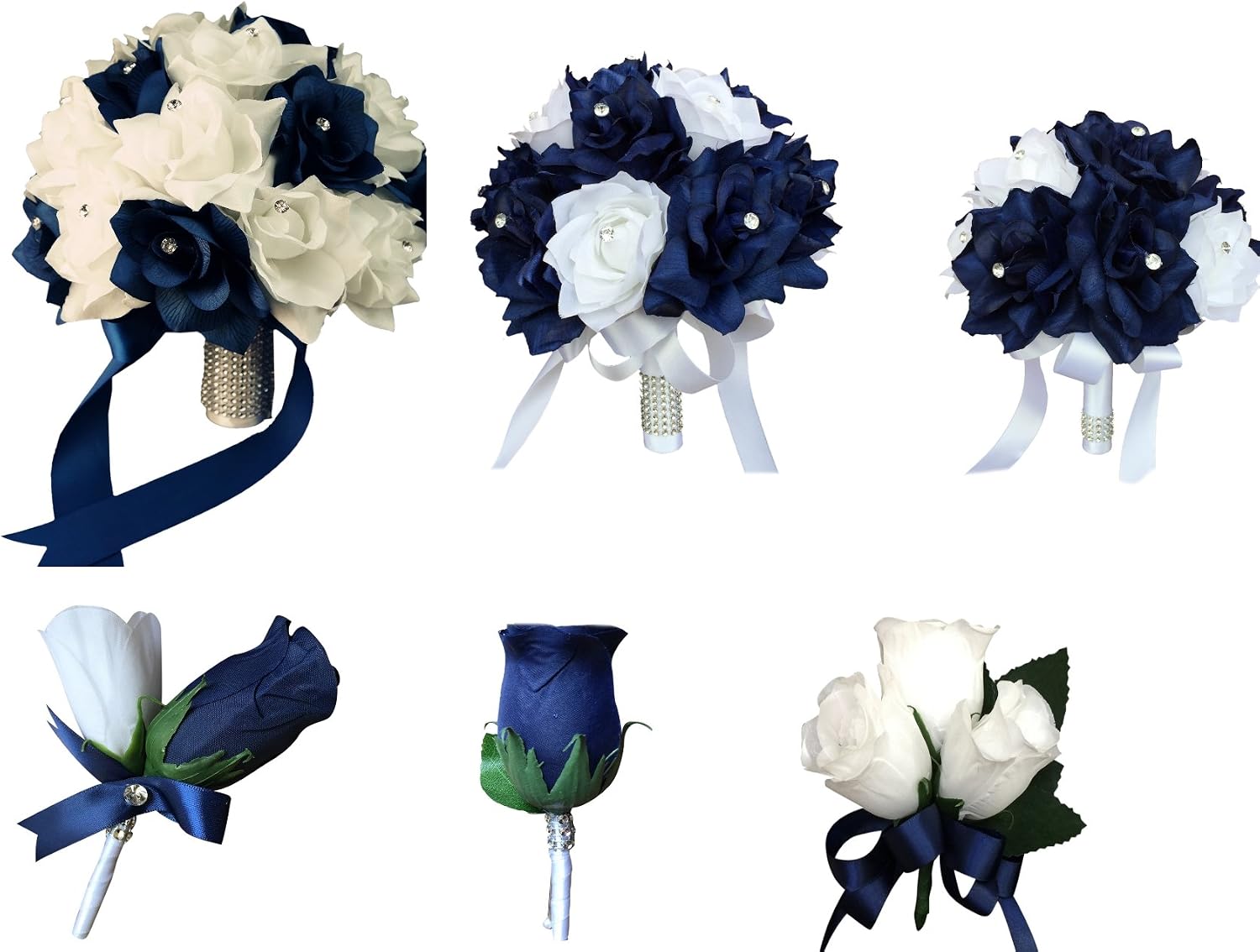 Angel Isabella 13pc-Wedding Bridal Party Artificial Flowers Package-Bouquet Boutonniere Corsages.Navy Blue White