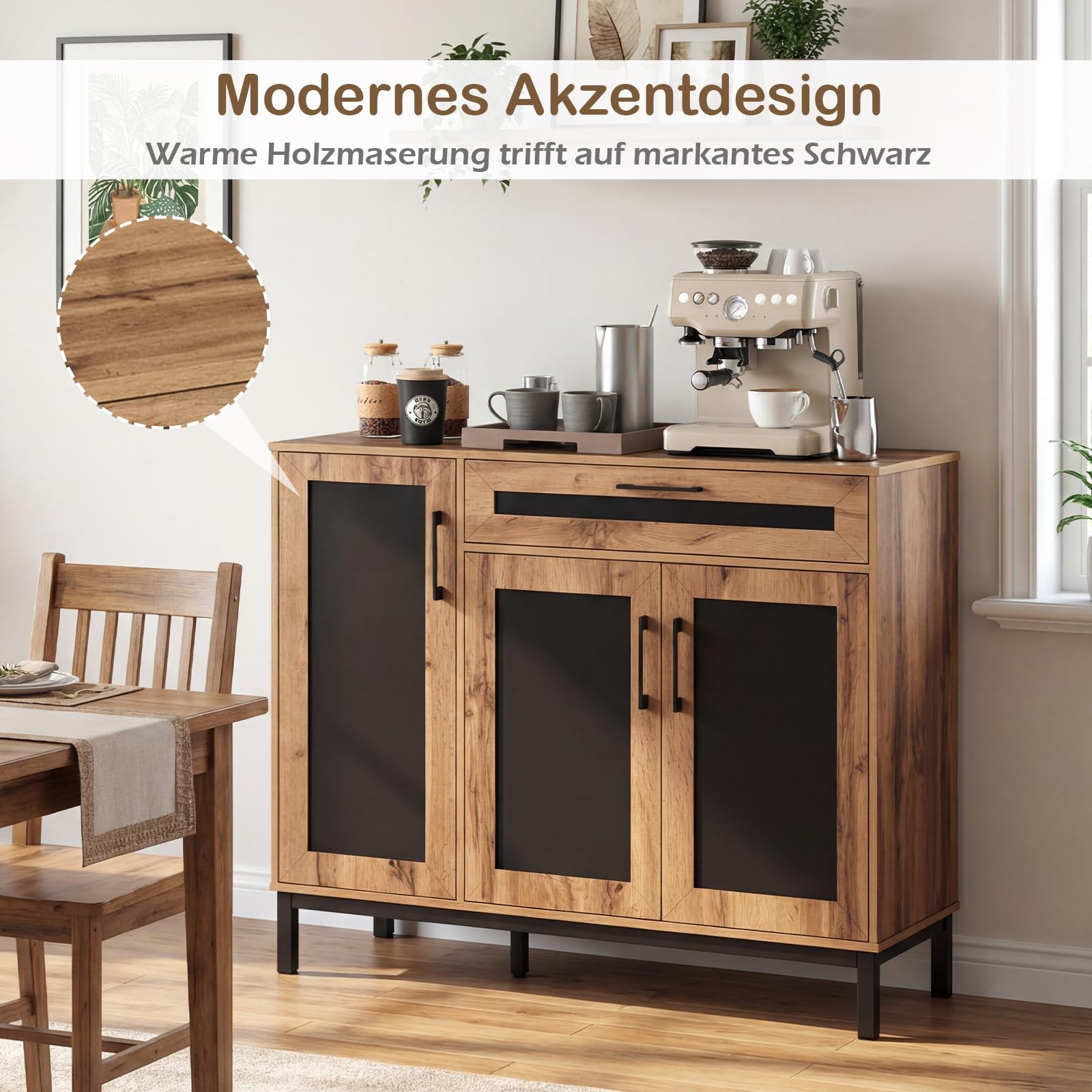 COSTWAY Sideboard Holz, Küchenschrank mit Schublade, 3 Türen, herausnehmbaren Regalen, 120 x 41 cm Arbeitsfläche, Buffetschrank für Küche, Esszimmer, Aufbewahrungsschrank, Natur + Schwarz