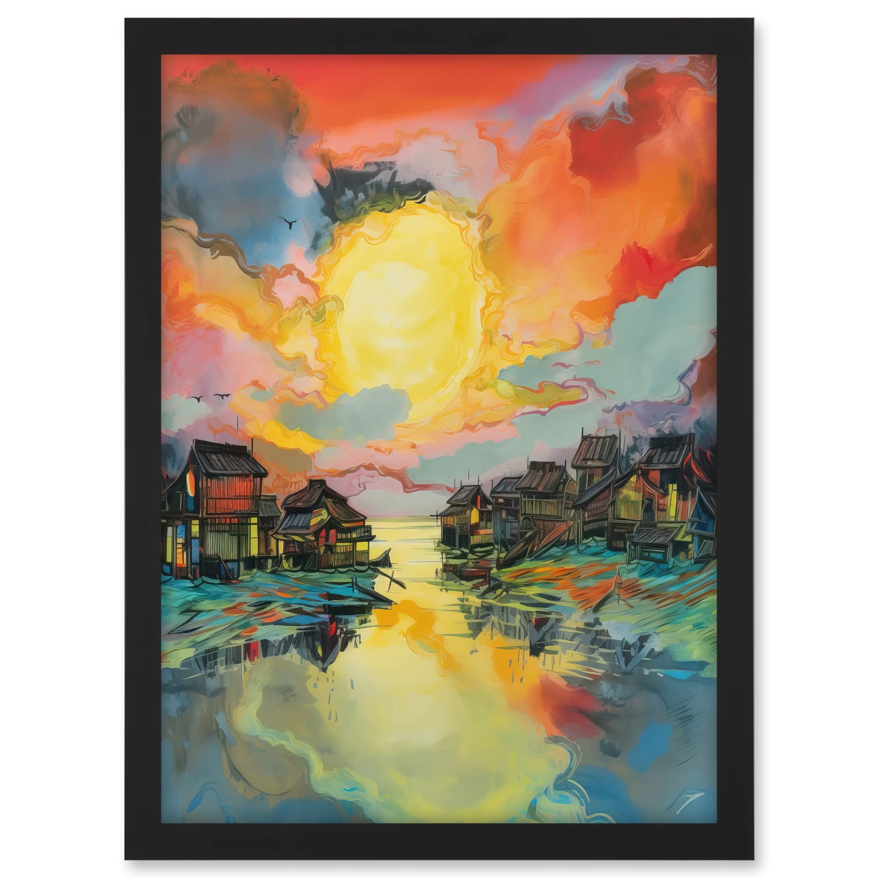 Artery8 Atmospheric Clouds Over Mono Lake Fishing Village at Dawn Modern Watercolour Painting Artwork Framed A3 Wall Art Print