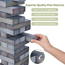 ApudArmis 60 PCS Giant Tumble Tower Stack to 5Ft, Pine Wooden Stacking Timber Game with 1 Dice Set - Classic Block Giant Outdoor Game for Teens Adults Family (Gray)