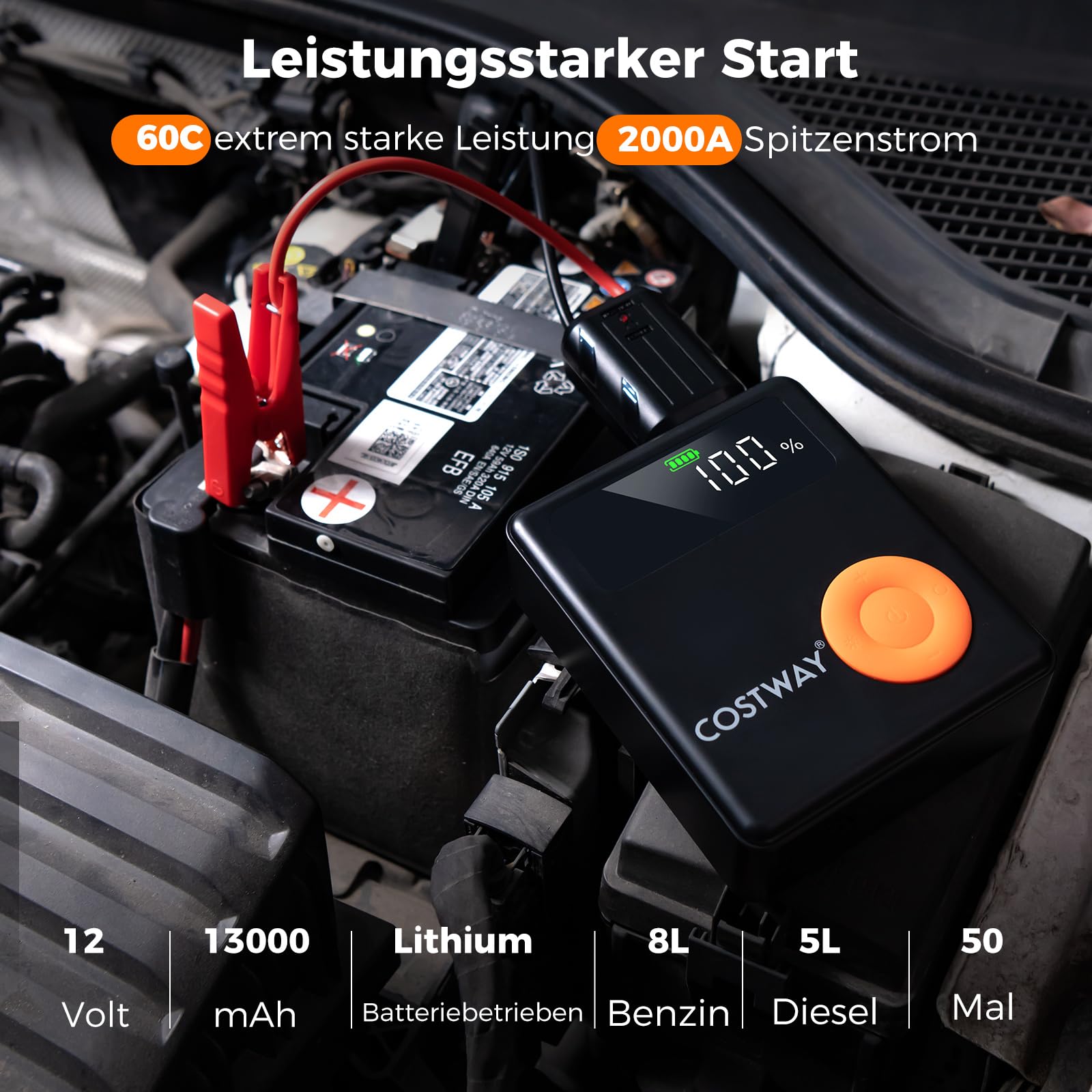 COSTWAY Elektryczna pompka powietrza 12 V 2000 A, sprężarka akumulatorowa 150 psi, mini pompka do opon z cyfrowym wyświetlaczem LED, przenośna sprężarka do samochodu