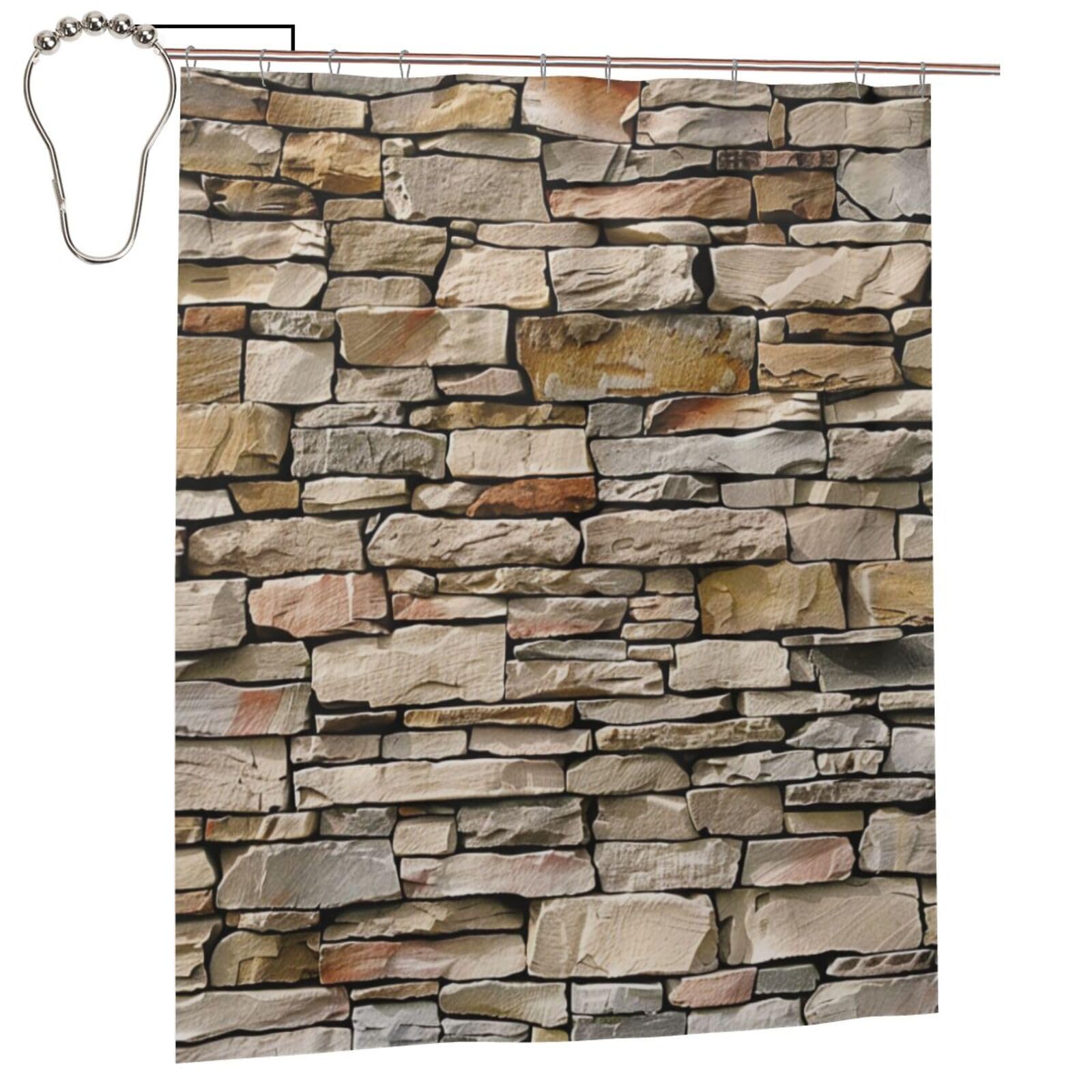 BWWHCCTI Rustic Rocks Brick Wall Printed Shower Curtain With 12 Iron Hooks Opaque Quick Drying Waterproof Shower Curtains Sets For Bathroom 152x183 Cm